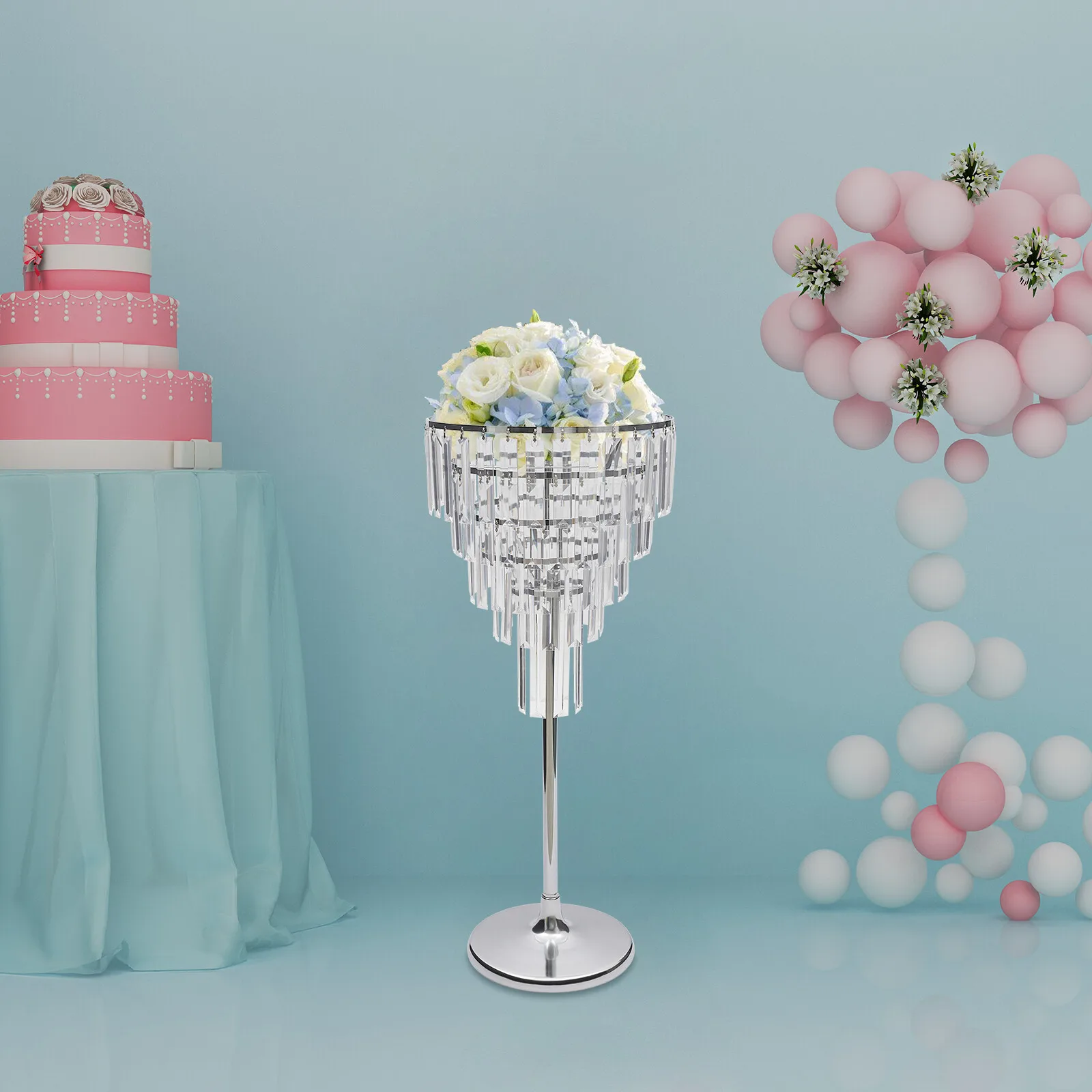 

5-Tier Clear & Silver Flower Stand Nickel-plated Metal & Acrylic Material Electroplating Process With 27.95In Height For Parties