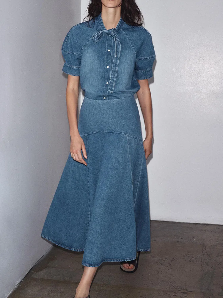 Fall 2025 New Women's Denim irt with  Knot Midi Skirt Mid-Waist Stage Costume Ethnic Faion Ladies' Premium Clothing