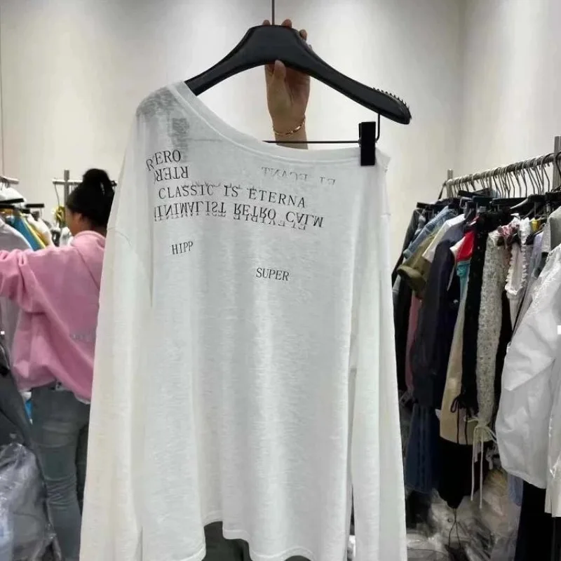 

Personality Sexk Skewn Collar Long Sleeve Casual T Shirts Y2k Aesthetic Korean High Street All Match Women Clothes Summer Top