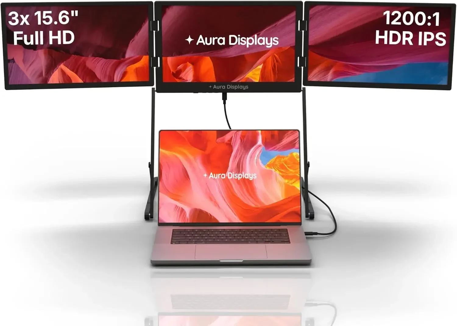 Monitor Extender | Full Aluminum | Quad Screens | 3×15.6” FHD 1080P HDR IPS | USB-C & HDMI | Compatible with 11-18” Laptops