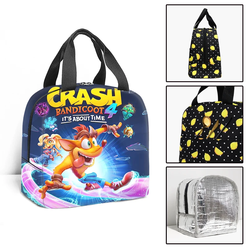 

Game Crash Bandicoot Portable Cooler Lunch Bag Student Thermal Insulated Food Bag Travel Picnic Lunch Box for Men Women Kids