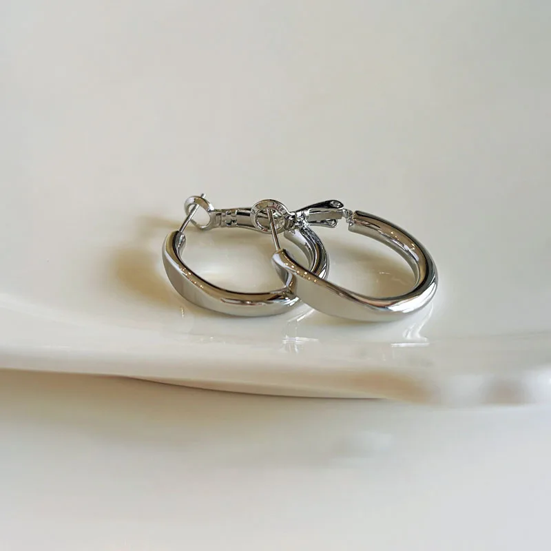 Silver Circle Earrings Women Luxury Cold Style Hoop Studs, Minimalist High Grade Ear Jewelry for Square Round Face Daily Wear