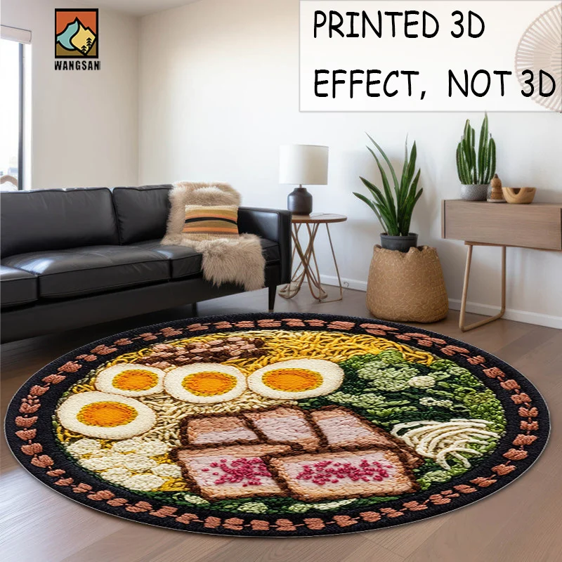 Ramen Bowl Pattern Round Rug Flannel Soft Home Decor Kitchen Dining Room Restaurant Cafe Non Slip Floor Carpet Food Theme Design