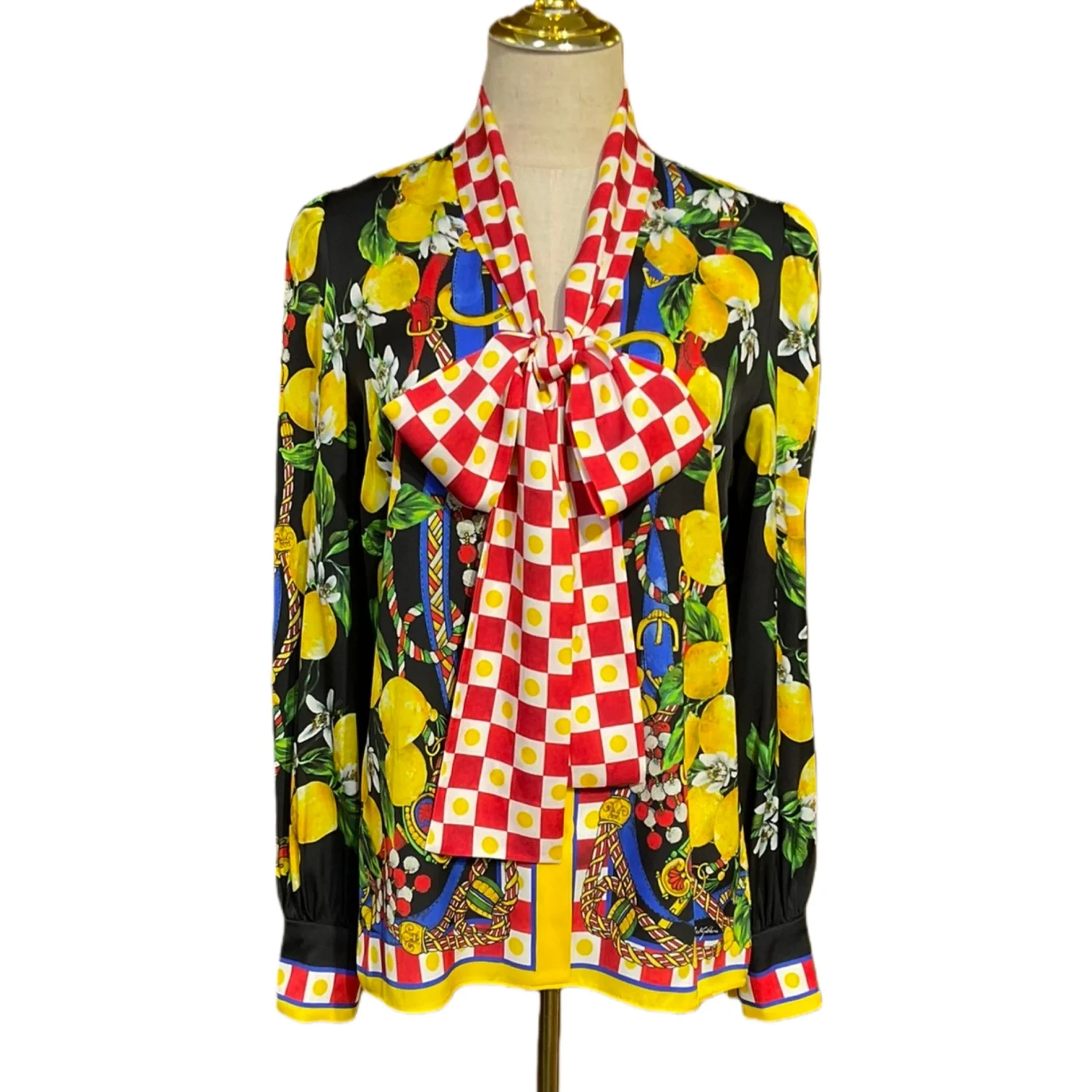 High Quality Women’s Silk Blouse Spring 2026 | Lemon Floral Print Bow Tie Top for Office & Work Outfit Elegant Luxury Shirt