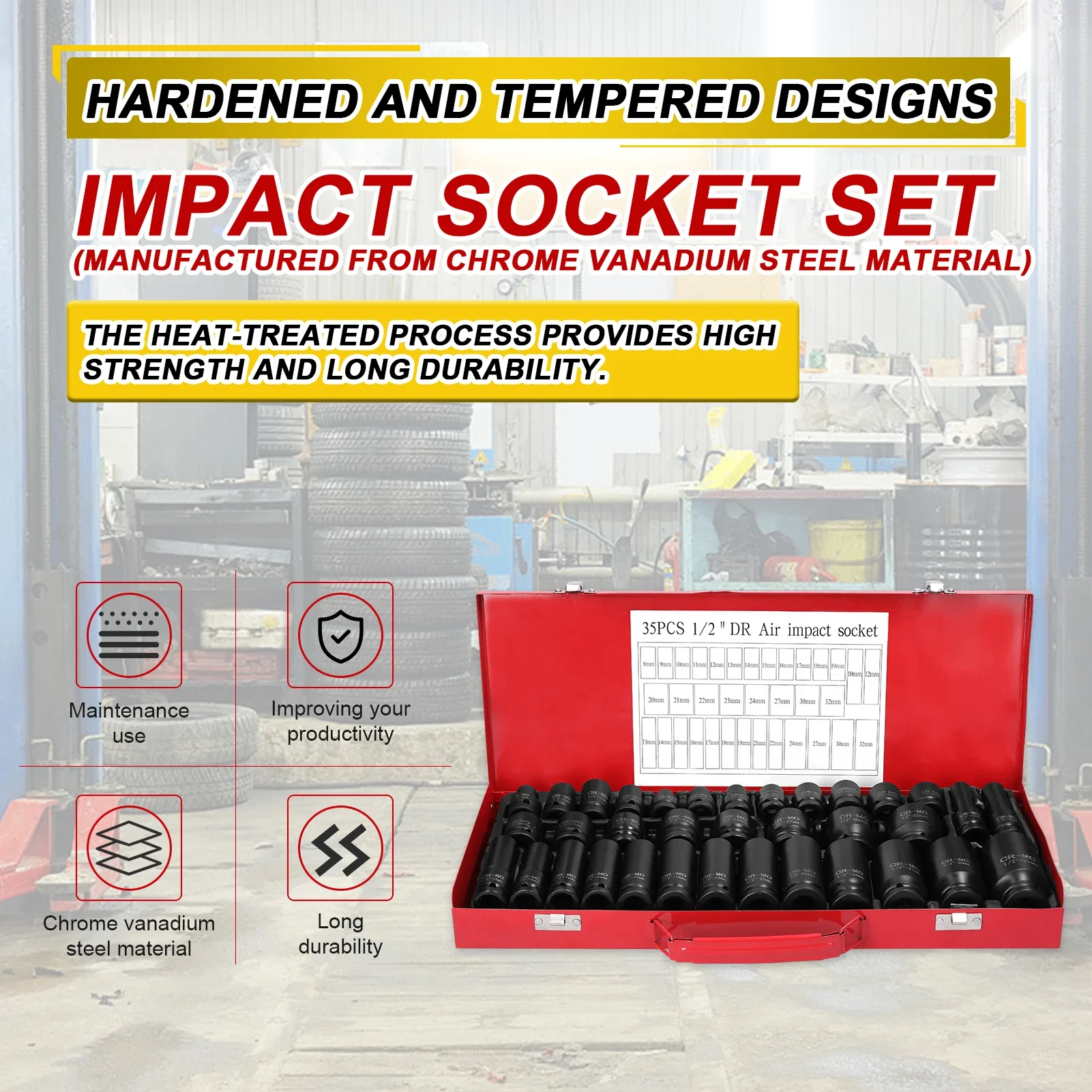 35PCS 1/2inch Drive Pneumatic Impact Socket Set 12.5mm Chrome Vanadium Steel Thicken Socket Kit Multifunction Car Repairing Tool
