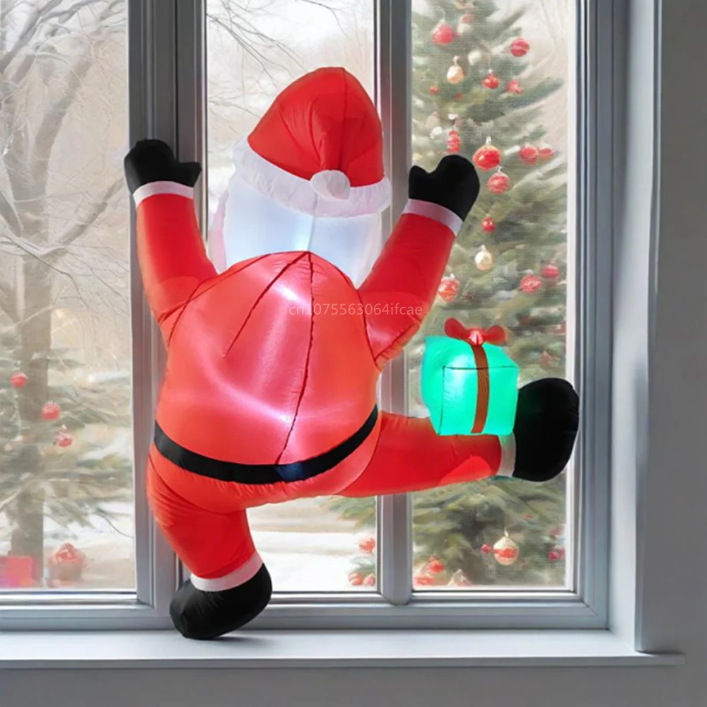 1.8M/6FT Christmas Climbing Inflatable Santa Claus Built-in LED Lights Sit Santas Green Bag Xmas Decor Yard Cafe Outdoor Props