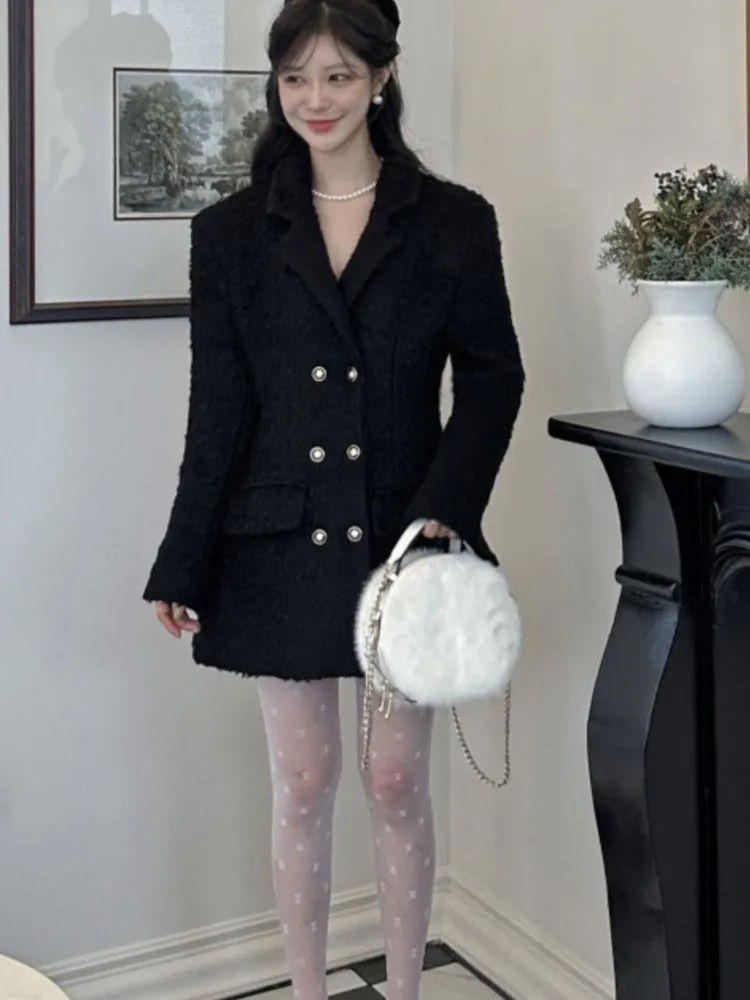 

Korean Modest Style Fall Coat For Women Slim Waist Double Breasted Turn Down Collar Fashion Woolen Coats Work Outfits Woman New