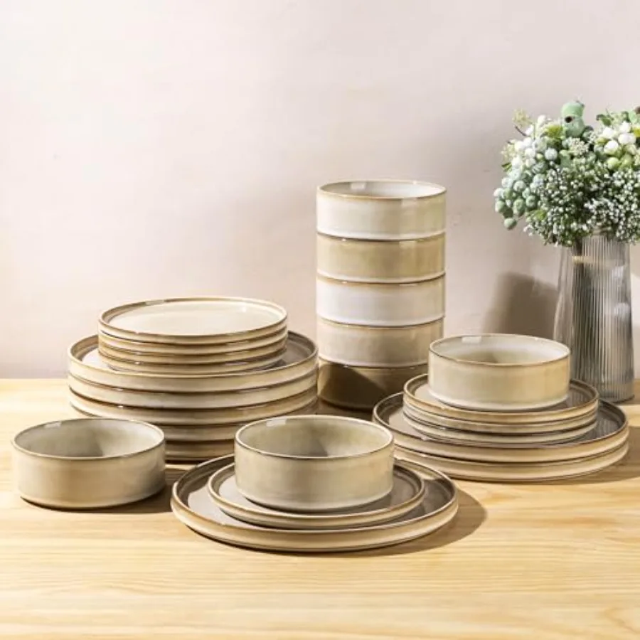 

Ceramic Dinnerware Sets, Handmade Stoneware Plates and Bowls Sets, Highly Chip and Crack Resistant Dishwasher and Microwave Saf