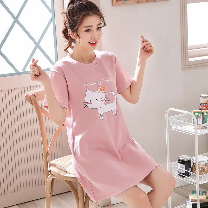 Nightgowns Women Sleepshirts Summer Casual Sleepwear Home Lounge Print Short Sleeve Nightwear Sleeping Dress Oversize M-3XL Chic