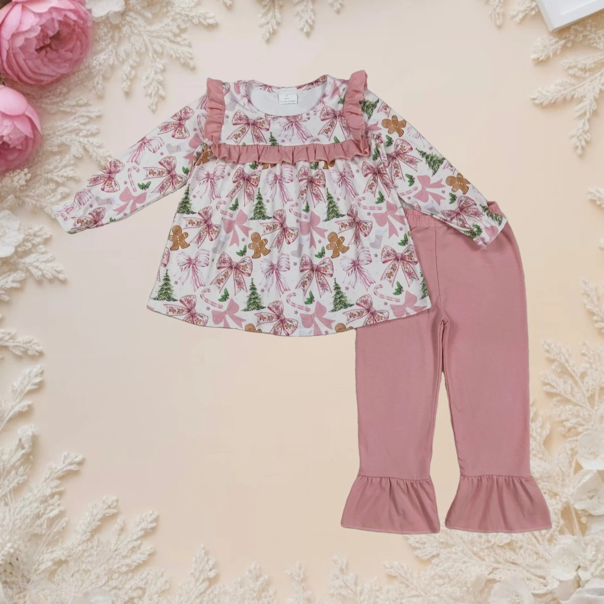 

Hot Sale Christmas Baby Girl Outfit Cute Gingerbread Print Long Sleeve Top and Ruffle Pants Toddler Kids Winter Holiday Clothes