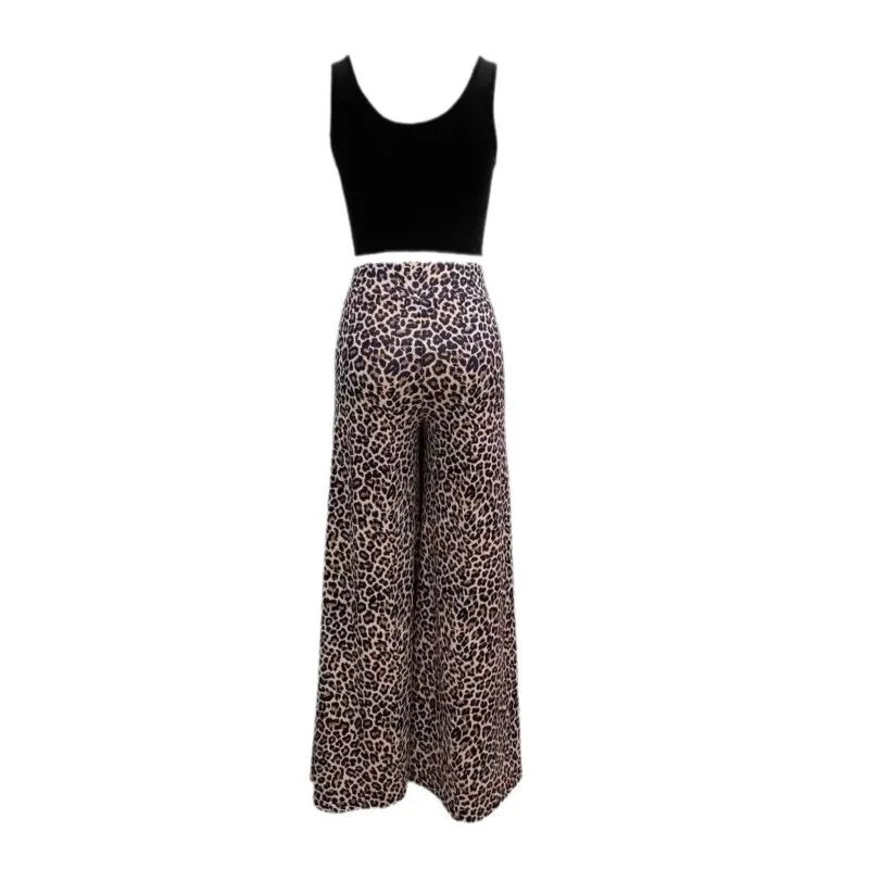 Women Two Piece Sets Outfits 2024 Summer Fashion Square Neck Sleeveless Crop Tank Top & Leopard Print Pocket Wide Leg Pants Set