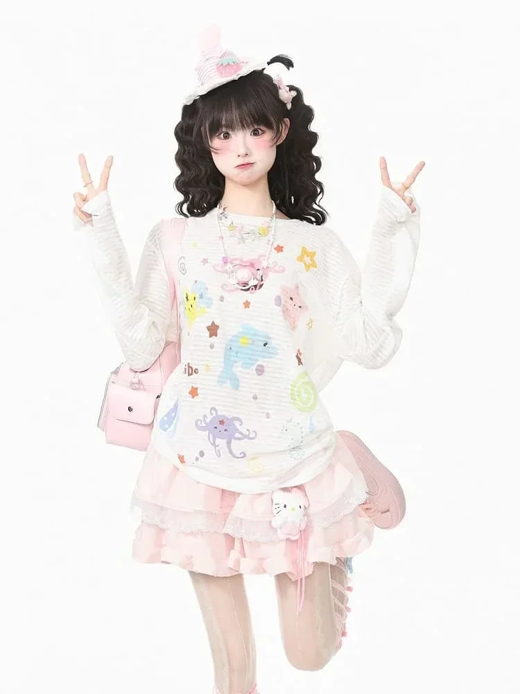 Harajuku Japanese Sweet Y2K Macaron Stripe Cute Marine Animal Round Neck Loose Soft Foldable Home Breathable Long Sleeve T-shirt
