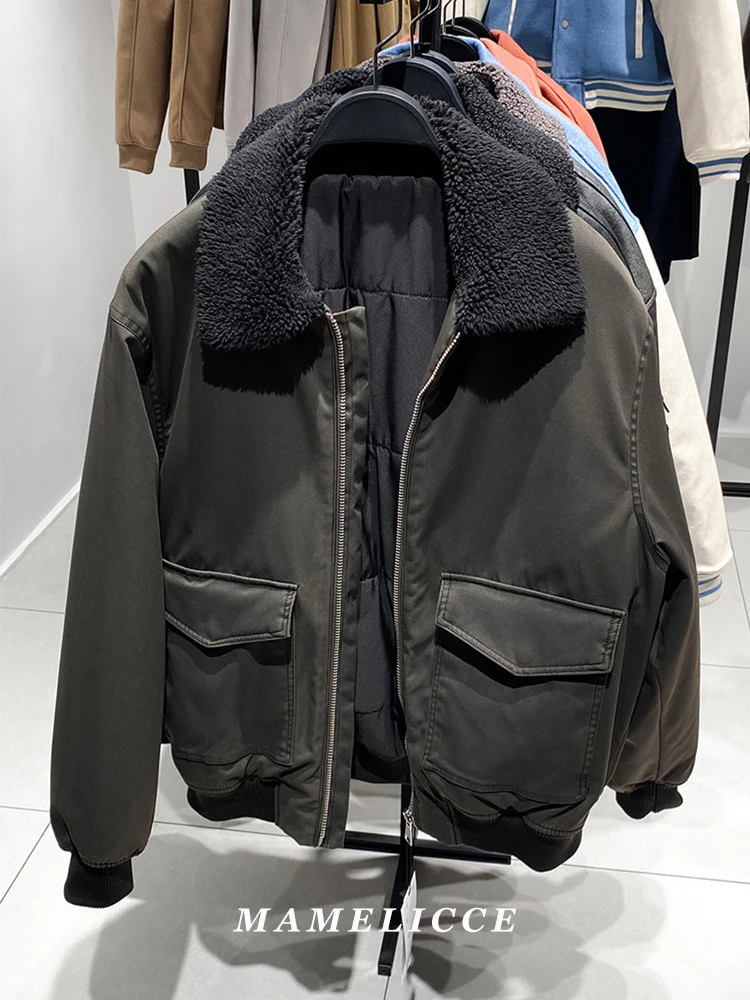 MAMELICCE Original design fur collar jacket Thickened Casual coat Men's clothing Vintage jackets overcoats cargo pocket jacket