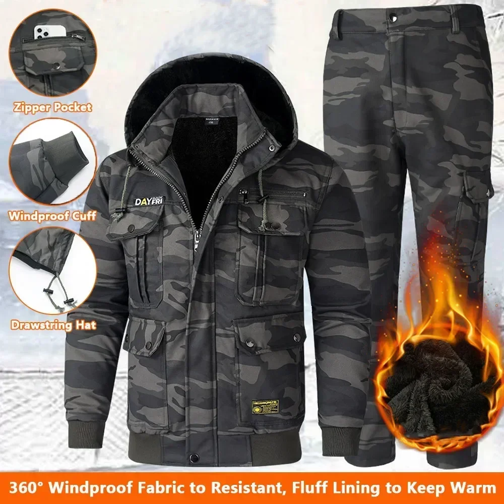 Hot Men's Sets Winter Jackets and Pants Thicken Fluff Lining Warm Puffer Jacket Outdoor Pants Windproof Climbing Ski 2 Pcs