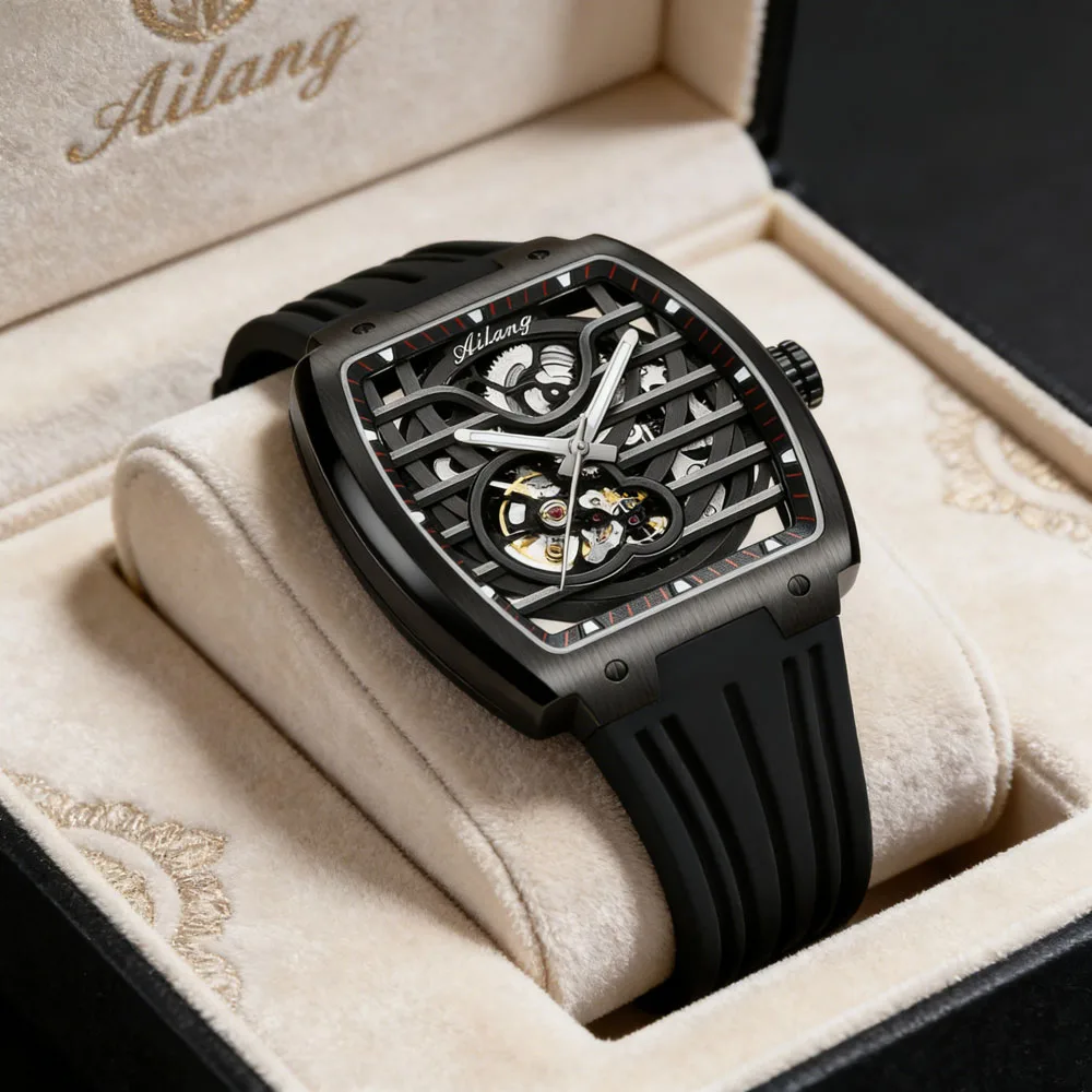

Брендовые роскошные мужские автоматические механические часы AILANG с силиконовым ремешком, скелетонизированным циферблатом, водонепроницаемые спортивные наручные часы для мужчин (Reloj Hombre)