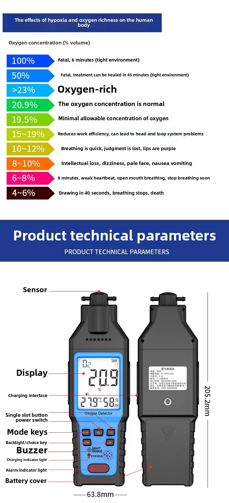 666 ST8100A Oxygen O2 Concentration Content Handheld Portable Testing Instrument 777