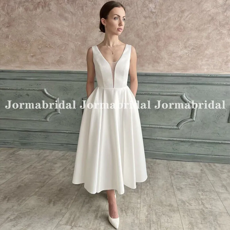 Vestidos de noiva de verão de cetim branco vestidos de noiva de férias midi vestidos de casamento sem costas profundo com decote em v curto com bolsos