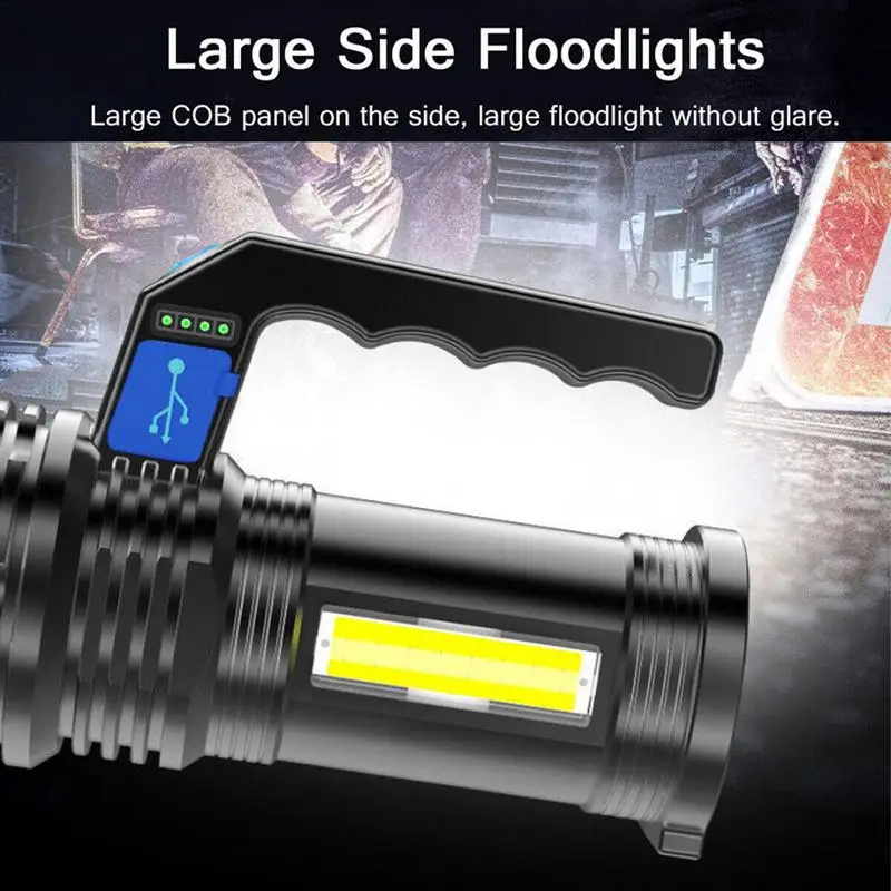 Flashlight USB Recharge LED Light COB Side Light Outdoor Portable Lamp 4 Brightness Levels Waterproof Rechargeable Torches