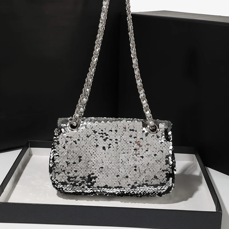 2024 New Women\'s Luxury Brand Shoulder High-end Cell Phones Bag, Fashion Small Silver Sequin Embroidered Cross-body Party Bags