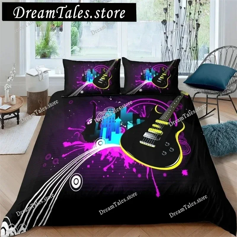 Guitar Queen Duvet Cover Rock Music Theme Bedding Set Grunge Color Splashed Brick Wall Background Electronic Guitar Mics Design7