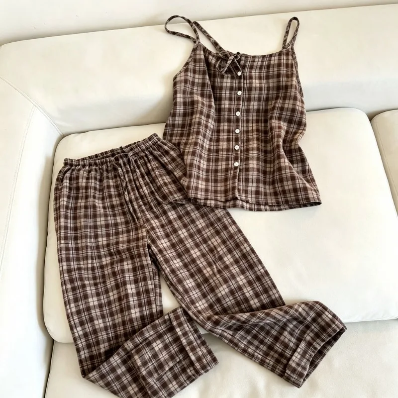 Image of Sommer-Pyjama-Set im Vintage-Karo-Design mit Spaghettiträgern, Koreanischer Stil, Weiche Lässige Damen-Schlafbekleidung, Loungewear, Neue Mode-Pyjama-Garnitur