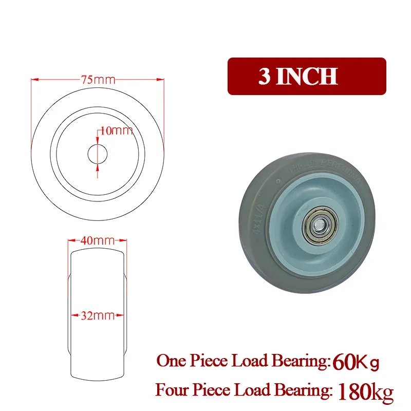 Heavy Loads Casters Wheels For Furniture Trolley Duty 100kg Soft Rubber 3/4/5-inch For Cargo Castor Industrial Push Cart Roller