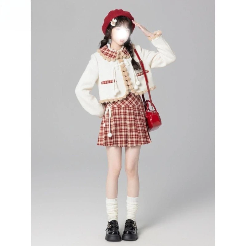 

Winter Christmas Sweet Two-piece Set Womens Red Lolita Sweet Plaid Hairball Short Jacket Kawaii Plaid Waist Skinny Pleated Skirt