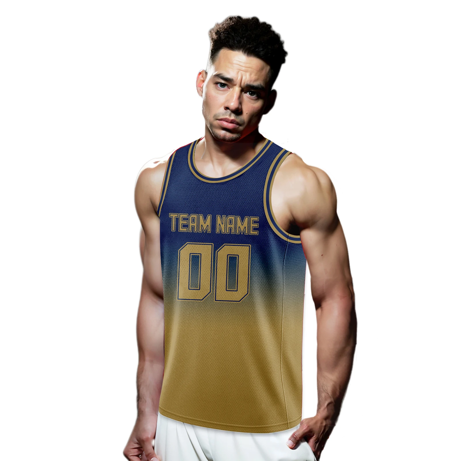 Gold Navy Gradient Custom Basketball Jersey Men’s Personalized Team Name Number Sleeveless Shirt for Boys Youth Adults Fans Gift