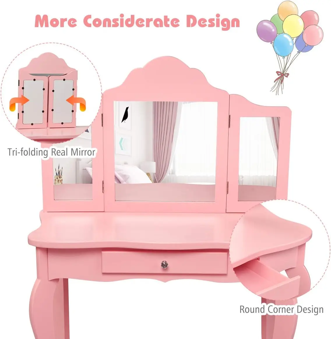 Kids Wooden Vanity Table & Stool Set, 2 in 1 Detachable Design with Dressing Table and Writing Desk, Princess Makeup Dressing Ta