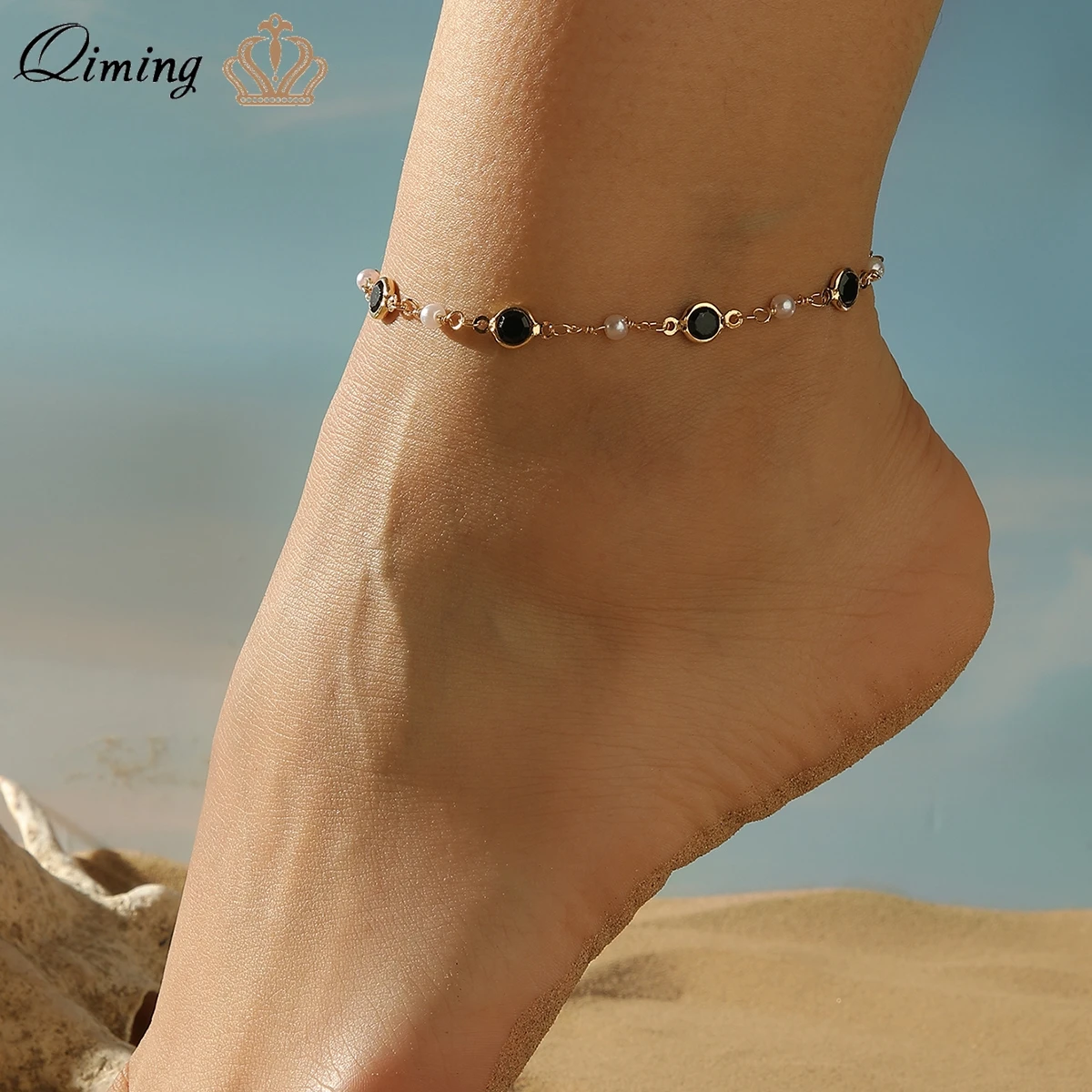 QIMING Rhinestone Chain Women's Anklets Gold Luxury Bracelet On Leg Accessories Wedding Party Trendy Jewelry