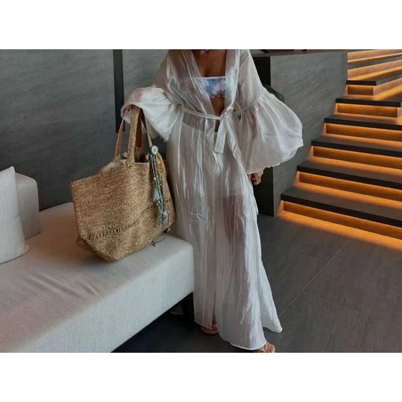Bubble sleeve cardigan strappy robe shorts casual two-piece set simple fashion women's beach wind set