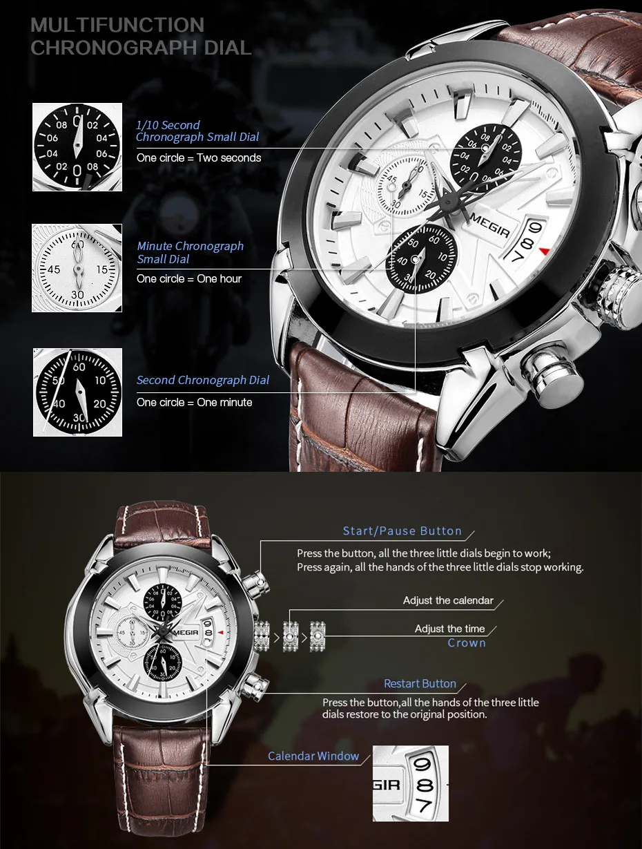 MEGIR Men Watches Original Fashion Leather Quartz Wristwatch Military Chronograph Big Dial Sports Clock Reloj Hombre 2020