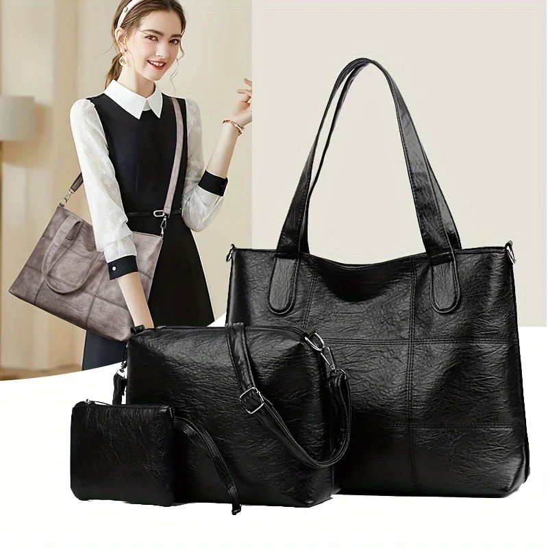Luxury Women's PU Leather Shoulder Bag 3 Sets Tote Crossbody Top-Handle Handbag Travel Tote Casual Women's Travel Messenger Bag