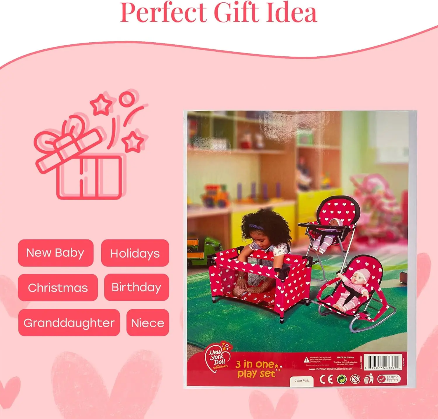 Conjunto de móveis para bonecas de 18 polegadas com berço, cadeira alta e assento alto para meninas de 3 a 10 anos