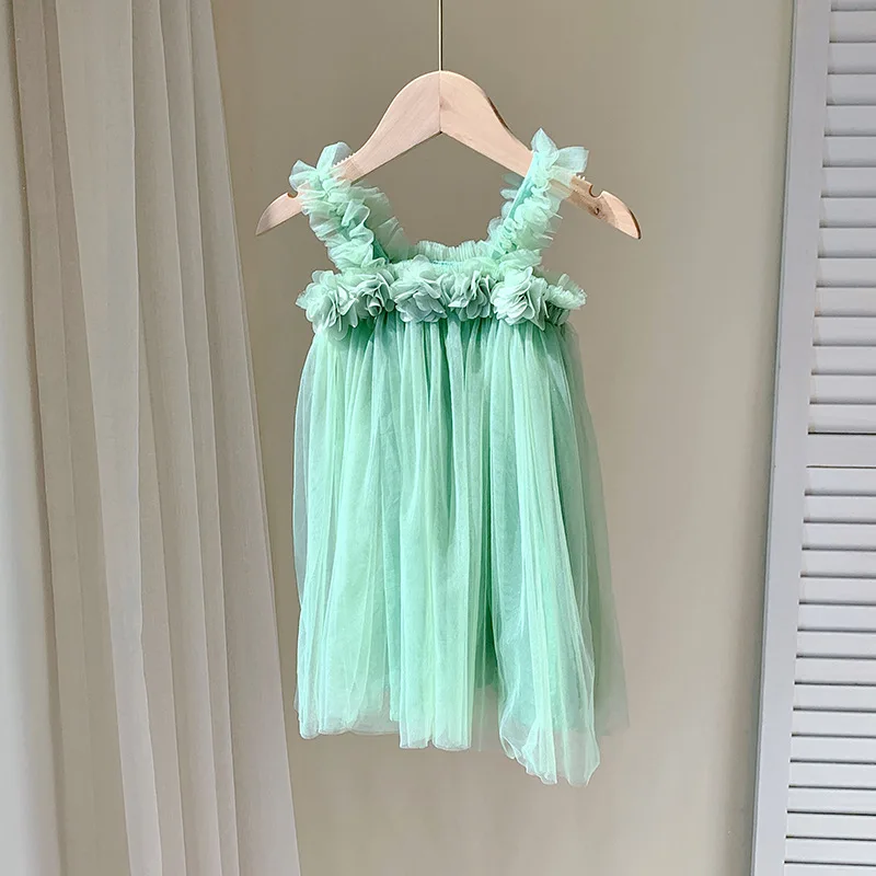 Sweet Baby Girl Clothes Three-Dimensional Flower Solid Colour Sling Baby Dresses Cute Baby Girl Dress Birthday Princess Frock