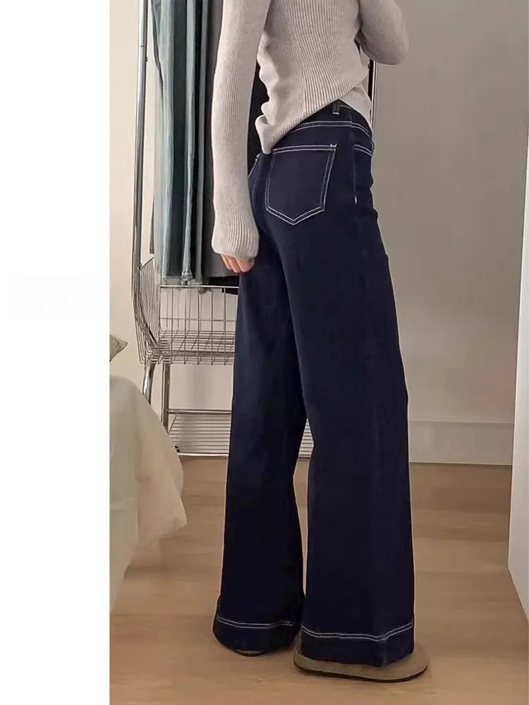 딥 블루 A라인 와이드 레그 진 여성용 루즈 슬림 스트레이트 레그 팬츠 배형 체형용 하이웨이스트 캐주얼 데님