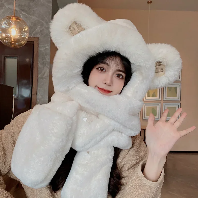 3 In 1 Plush Hat Cute Bear Ears Hat Female 2024 Winter New Style Thickened Warm Plush Scarf All-in-one Hooded Scarf Three-in-one