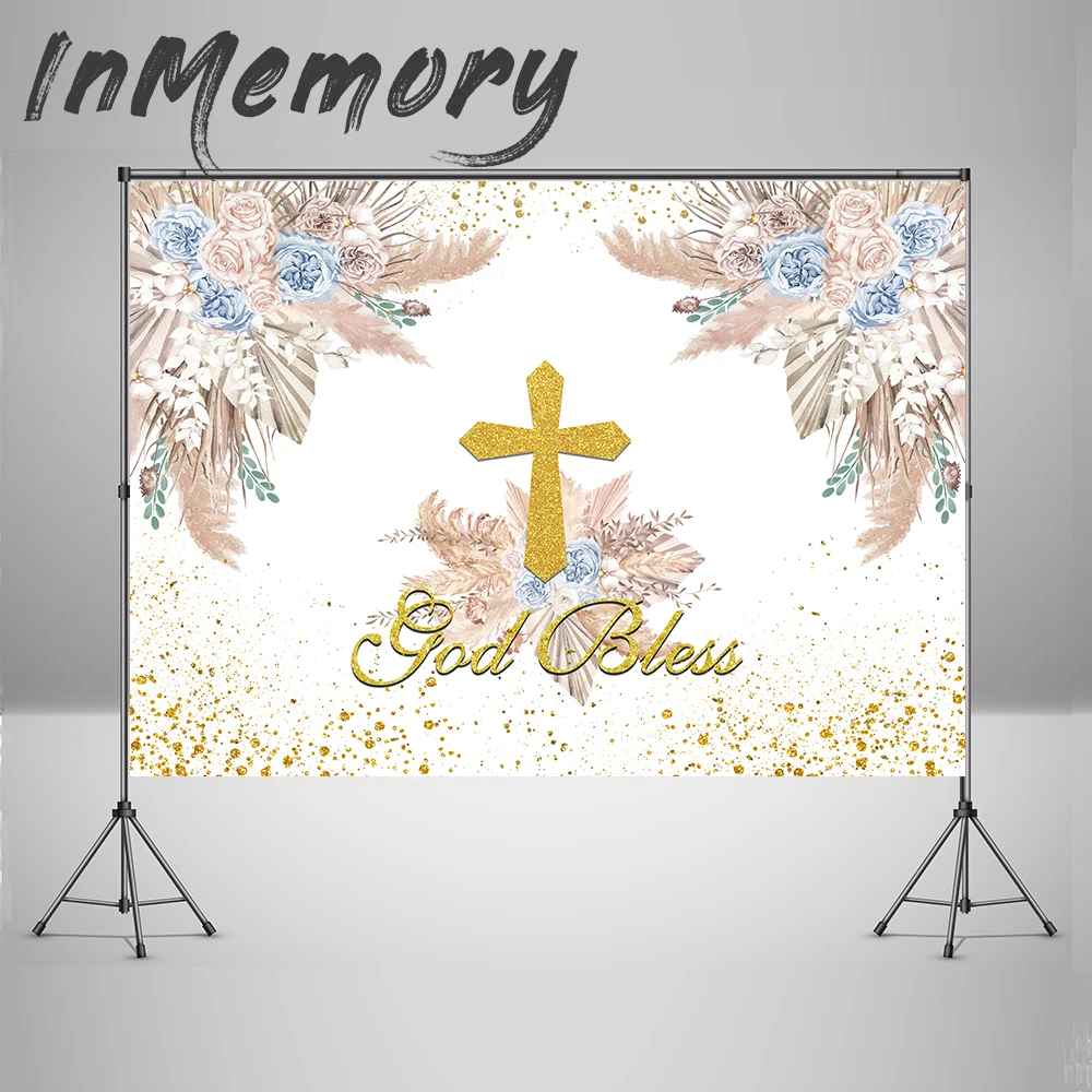 Baptism Backdrop God Bless Ceremony Baptism Decoration First Holy Communion Glitter Gold Cross Boho Baby Shower Photo Background