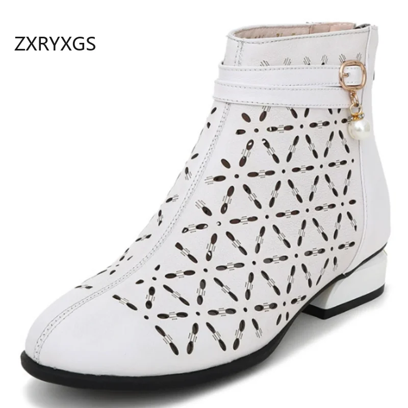 ZXRYXGS Top Cowhide Hollow Summer Cool Boots Women Fashion Boots 2026 Elegant Breathable Large Size Real Leather Trendy Boots