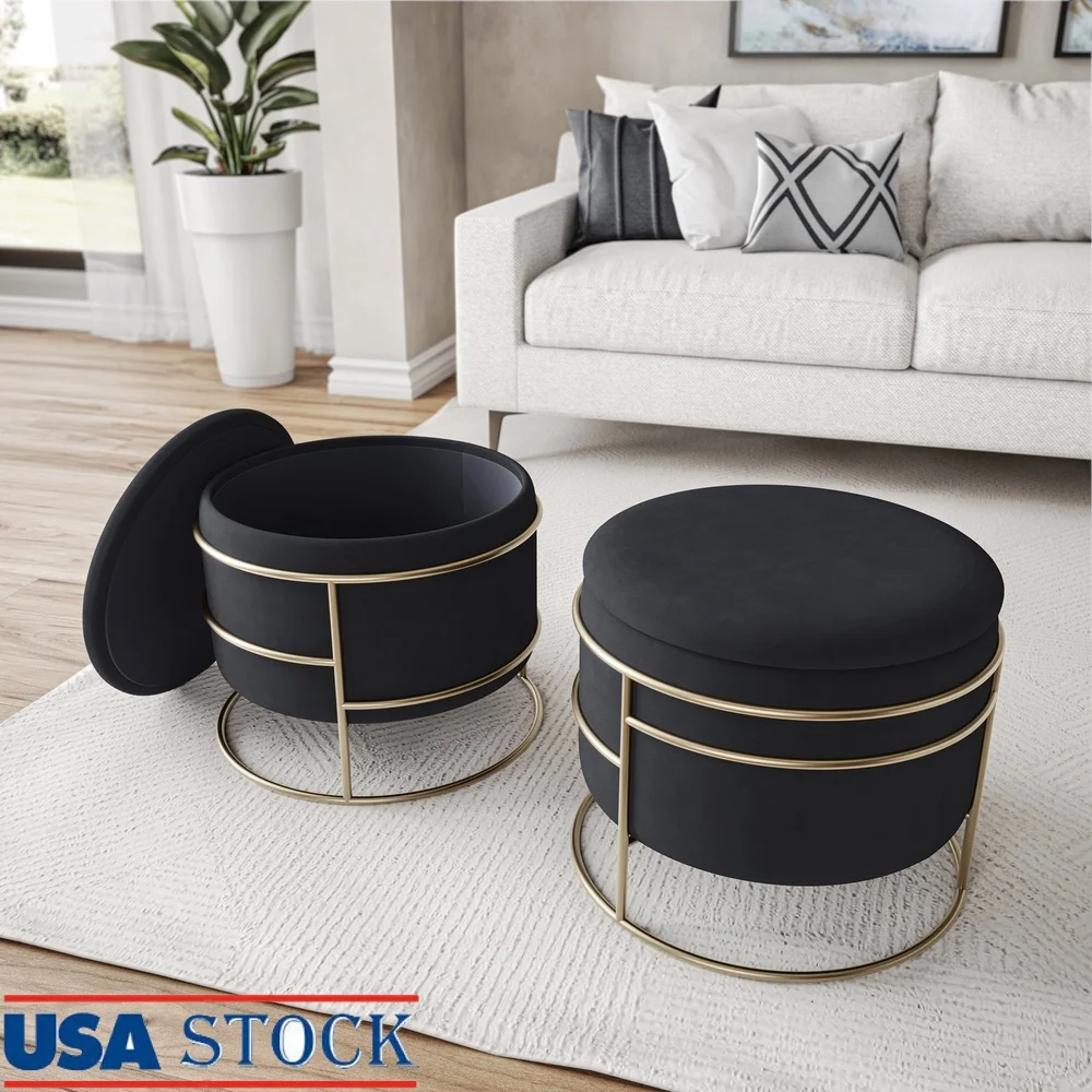 

Elegant Round Velvet Ottoman with Gold Frame Storage Compartment Living Room Bedroom Entryway Modern Home Decor