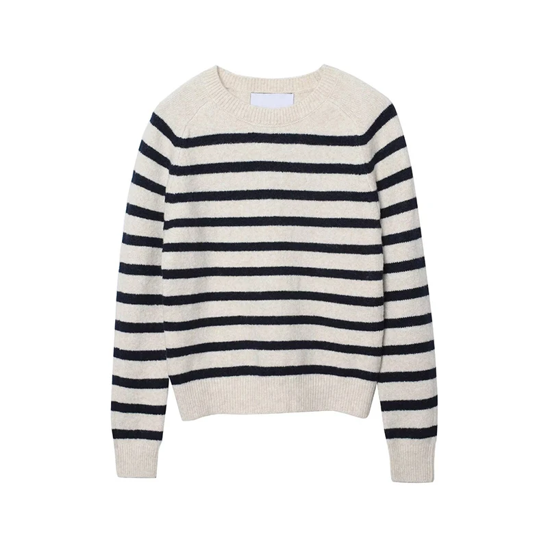 2026 New Women Vintage Striped Knitted Sweater Long Sleeve Round Neck Basic Casual Pullover Spring Autumn Tops