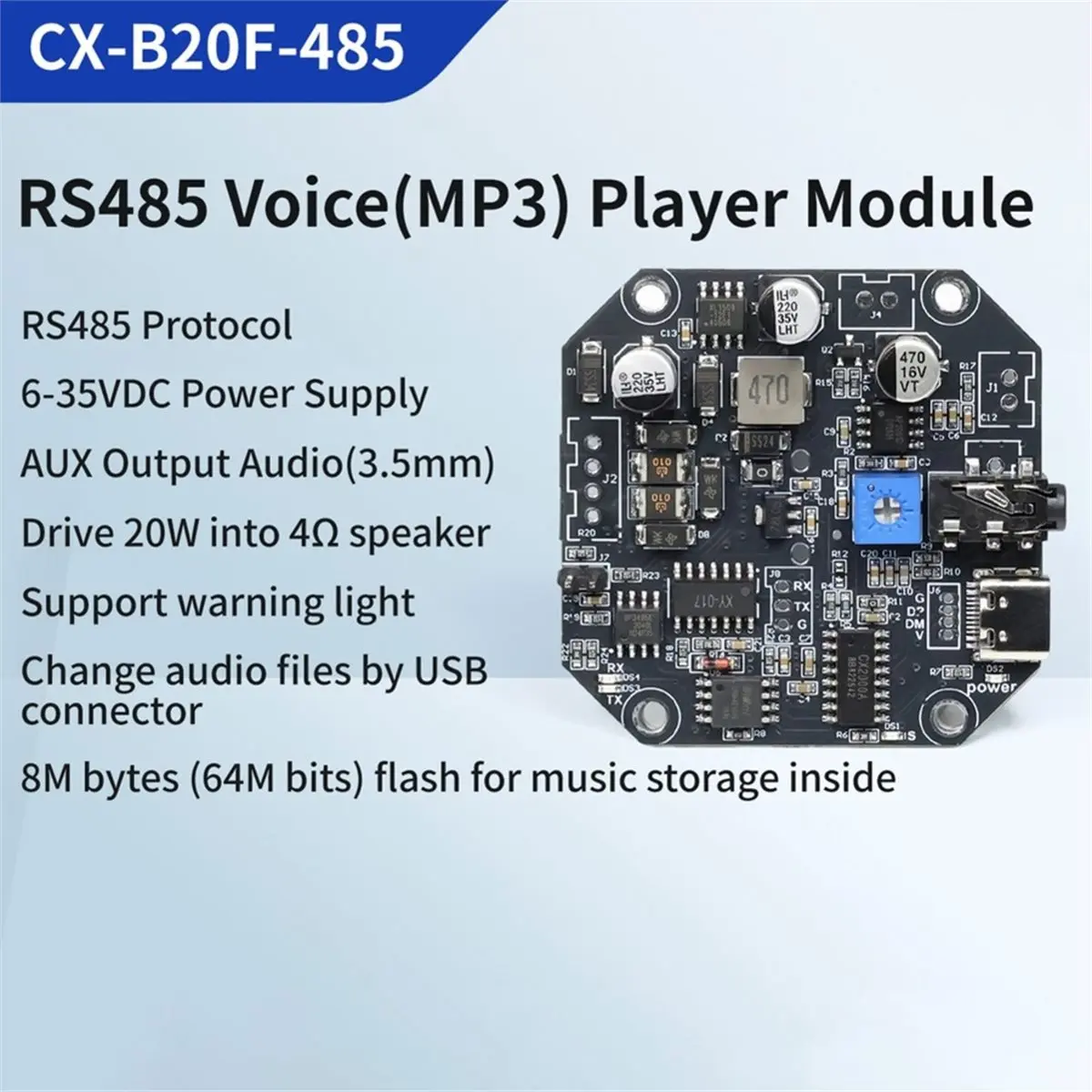 (A01R] 20W Voice MP3 Playback Control Module Audio Playback Board RS485 Serial Port Voice Prompter -B20F-485 Standard Version