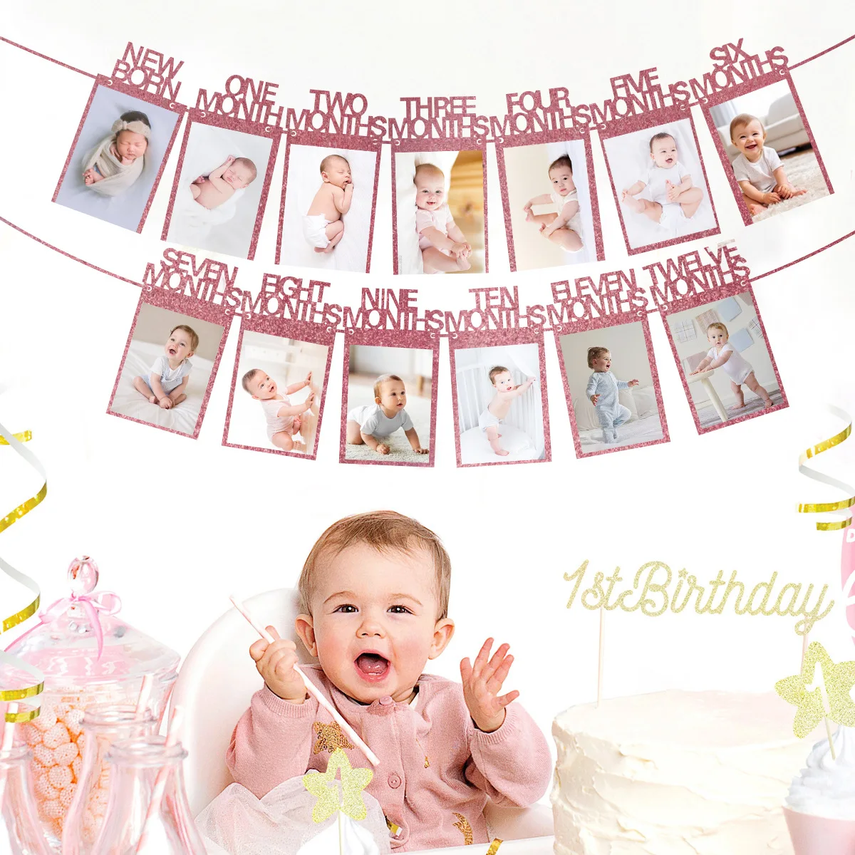 Newborn 13 Photo Frames Banner Glitter Paper Rose Gold ONE Love Photo Frame Banner One 1st Happy Baby Girl Birthday party Decor