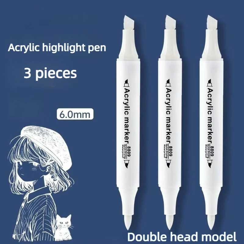 Double Head Acrylic Highlight Marker 6mm Tip Quick Drying Waterproof White Paint Pen for Art Drawing and Crafting 3 Pieces Set