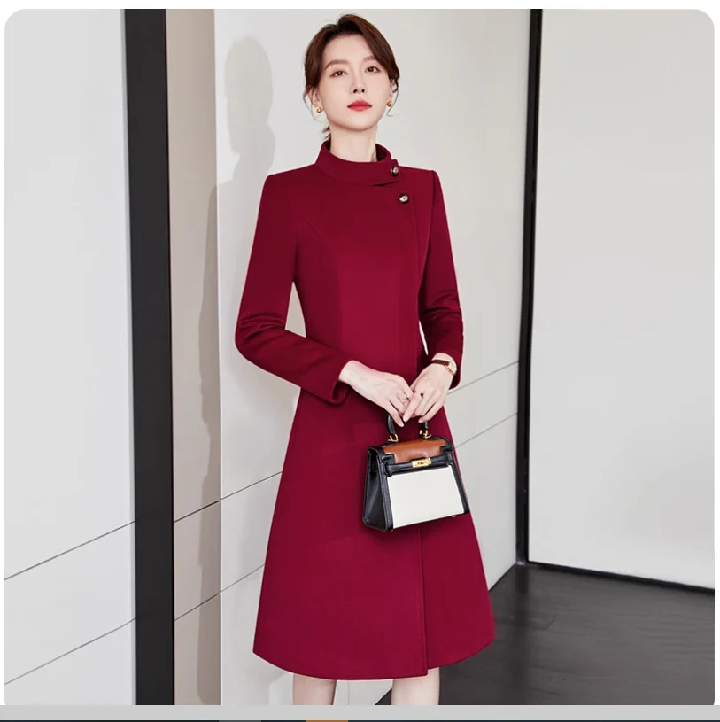 Red professional woolen coat with cotton wool coat, commuting flight attendant uniform