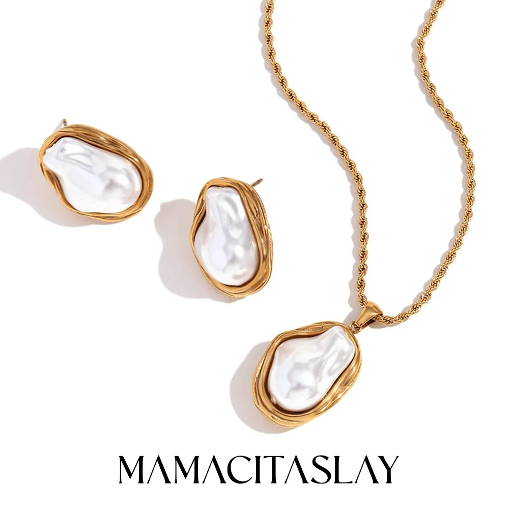 MamacitaSlay Stainless Steel Imitation Pearl Irregular Pendant Necklace Party Designer Waterproof Jewelry Women's Charm Earrings