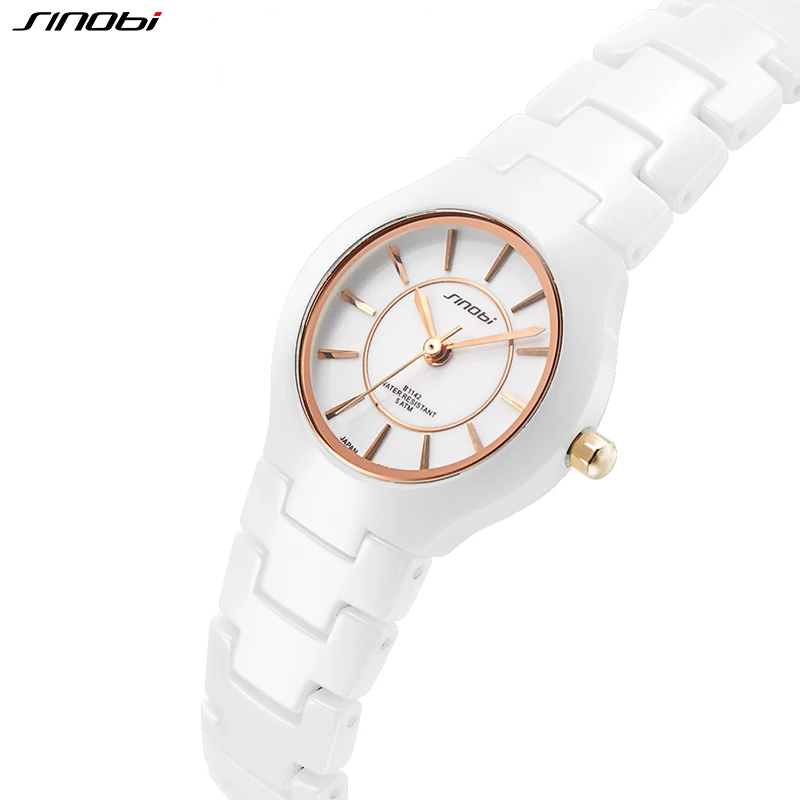 SINOBI Fashin White Ceramic Strap Woman Watches New Top Luxury Stainless S Ladies Quartz Wristwatches High Quality Women\'s Clock