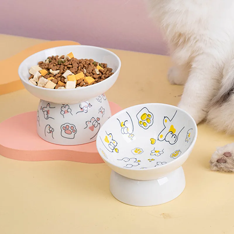 Ceramic Cat Food Feeder Cartoon Cat Bowl Protection Cervical Oblique Mouth Pet High Foot Bowl Cat Food Water Bowls Dog Supplies