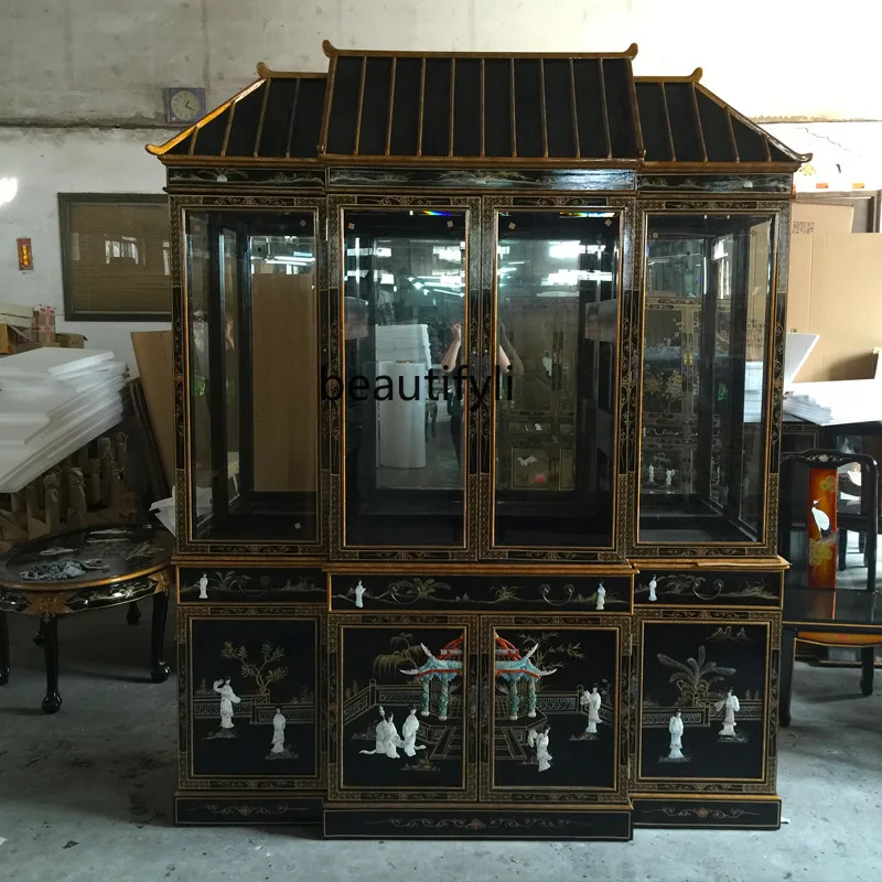 Natural Shell Solid Wood Wine Cabinet Glass Porcelain Collection Museum Display Cabinet