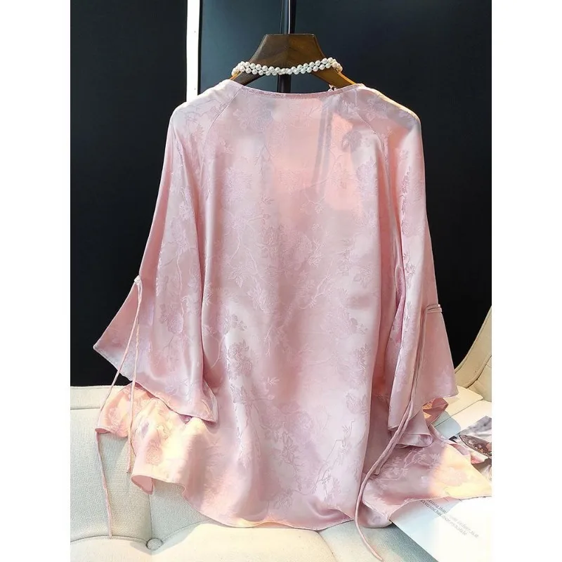 Satin Chinese Style Women Blouses Trend 2024 Summer Loose Clothing Sales Long Sleeve Vintage Tops Prints Korean Women\'s Shirts